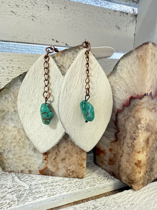 Leather Oval w/ Turquoise Drop in Light Hair-on-Hide