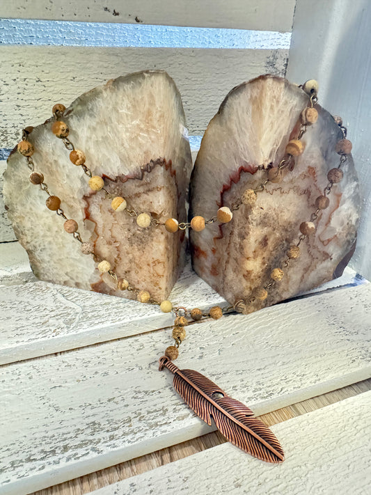Double Strand Lariat Picture Jasper Necklace w/ Copper Feather