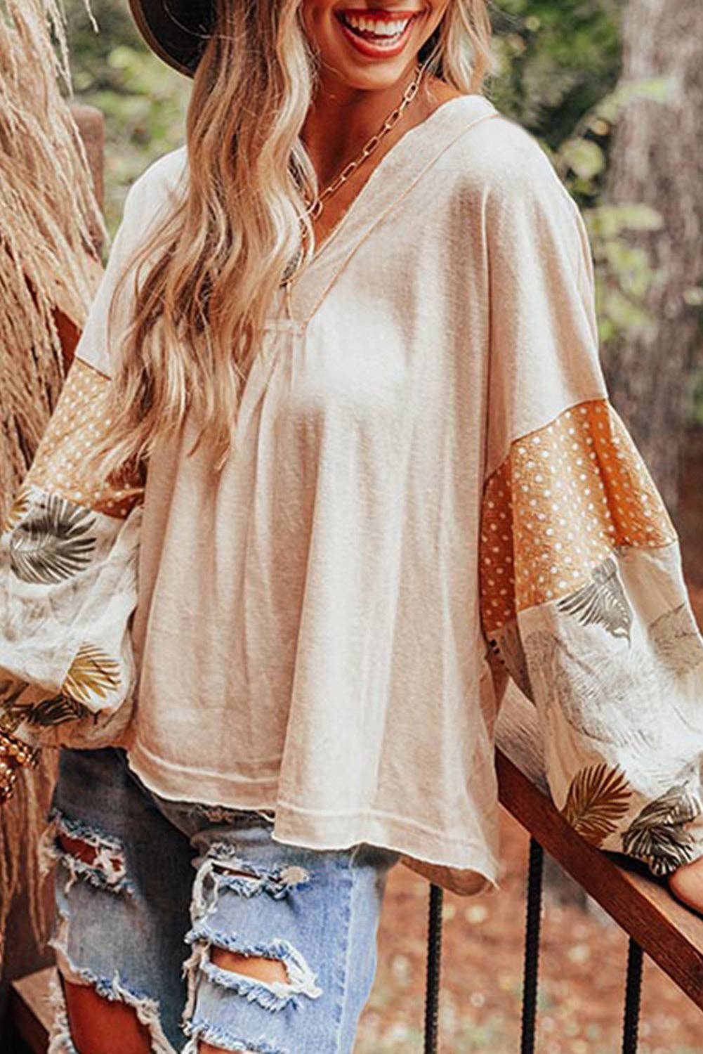 Patchwork Puff Sleeve Blouse