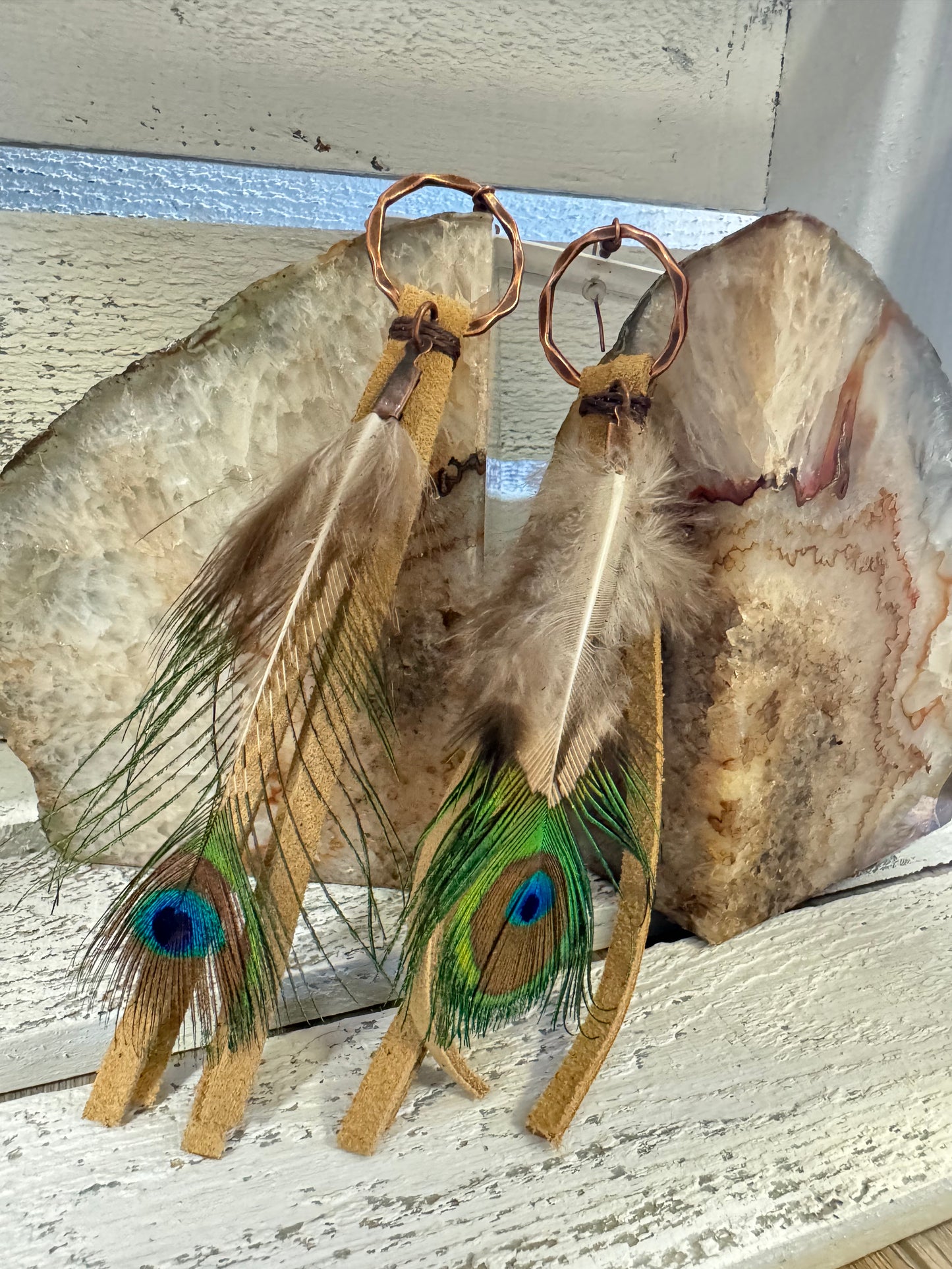 Brown Deer Skin Leather Tassel Earrings with Peacock Feather