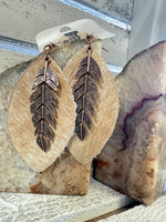 Leather Oval Earrings Tan Hair-on-Hide w/ Copper Feathers