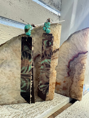 Leather Rectangle Earrings in Turquoise Brown Floral