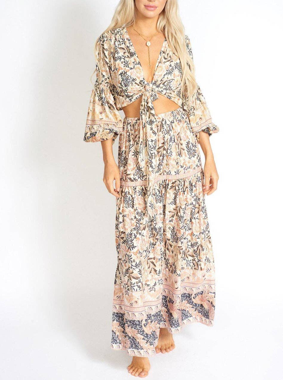 Off To Bali Boho Front Tying Crop Top: M / Beige and Black Floral