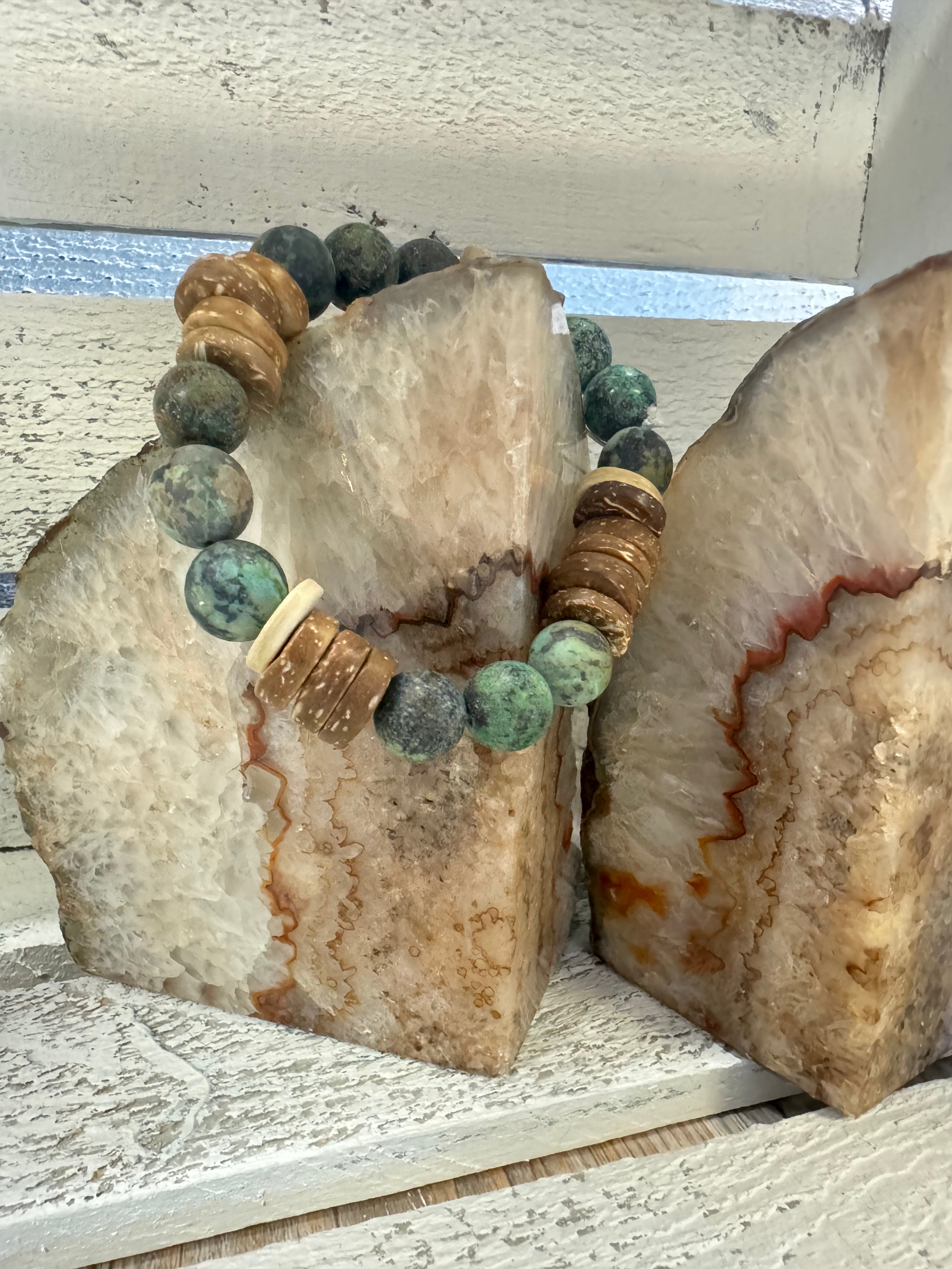 Frosted African Turquoise and Wood Stretch Bracelet