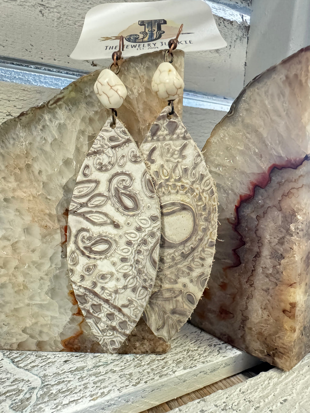 Leather Oval Earrings in Oyster Paisley with White Turquoise Accent