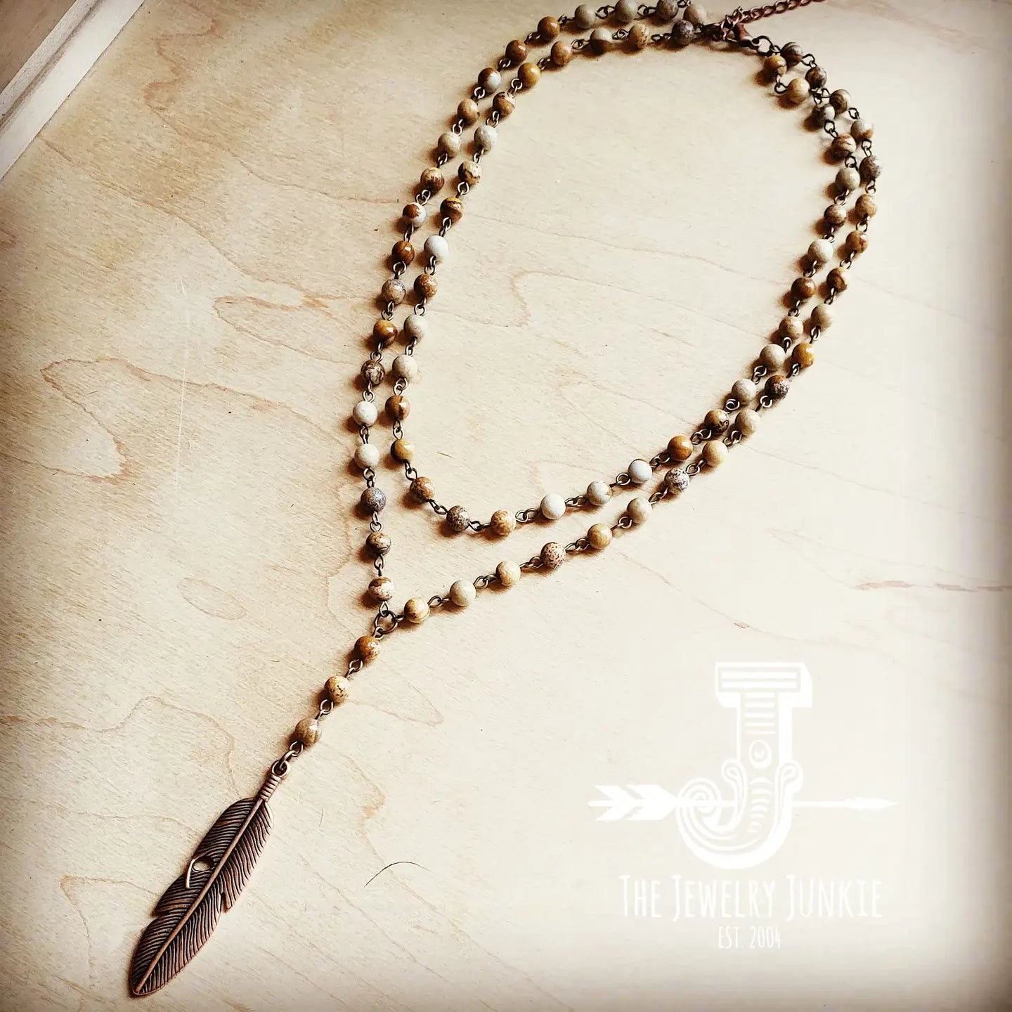 Double Strand Lariat Picture Jasper Necklace w/ Copper Feather