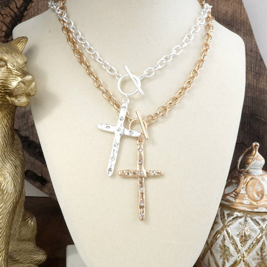 Divine Simplicity – Hammered Cross Front Toggle Necklace