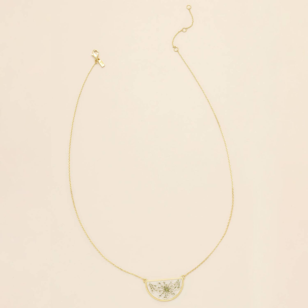 Pressed Flower Necklace - White Lace Flower/Gold