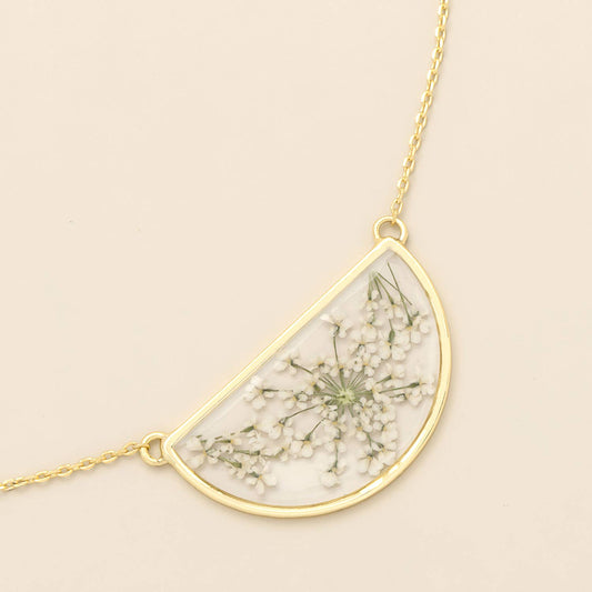 Pressed Flower Necklace - White Lace Flower/Gold