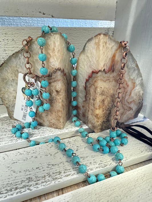 Double Strand Long Blue Turquoise Necklace w/ Leather Tassel
