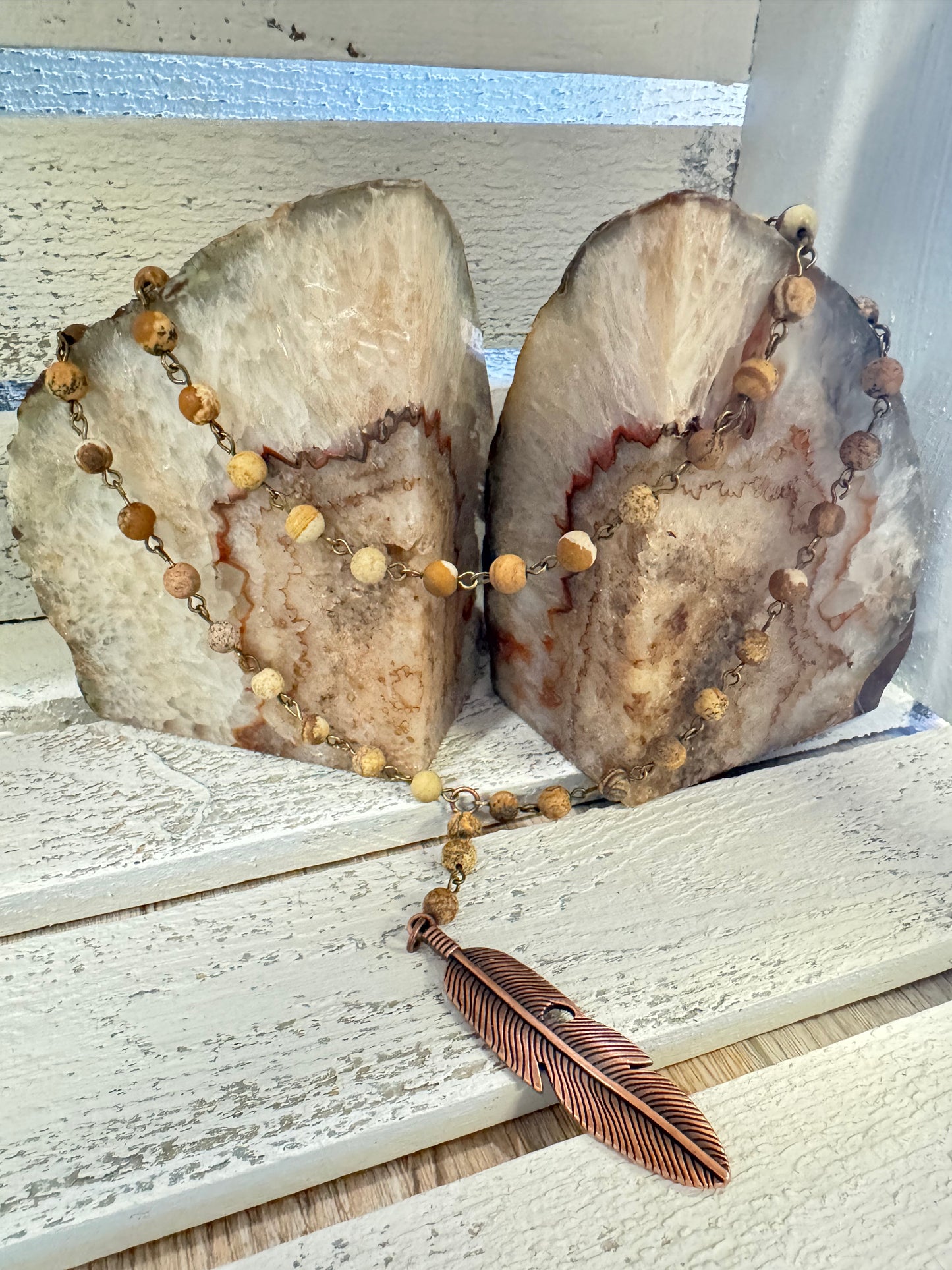 Double Strand Lariat Picture Jasper Necklace w/ Copper Feather