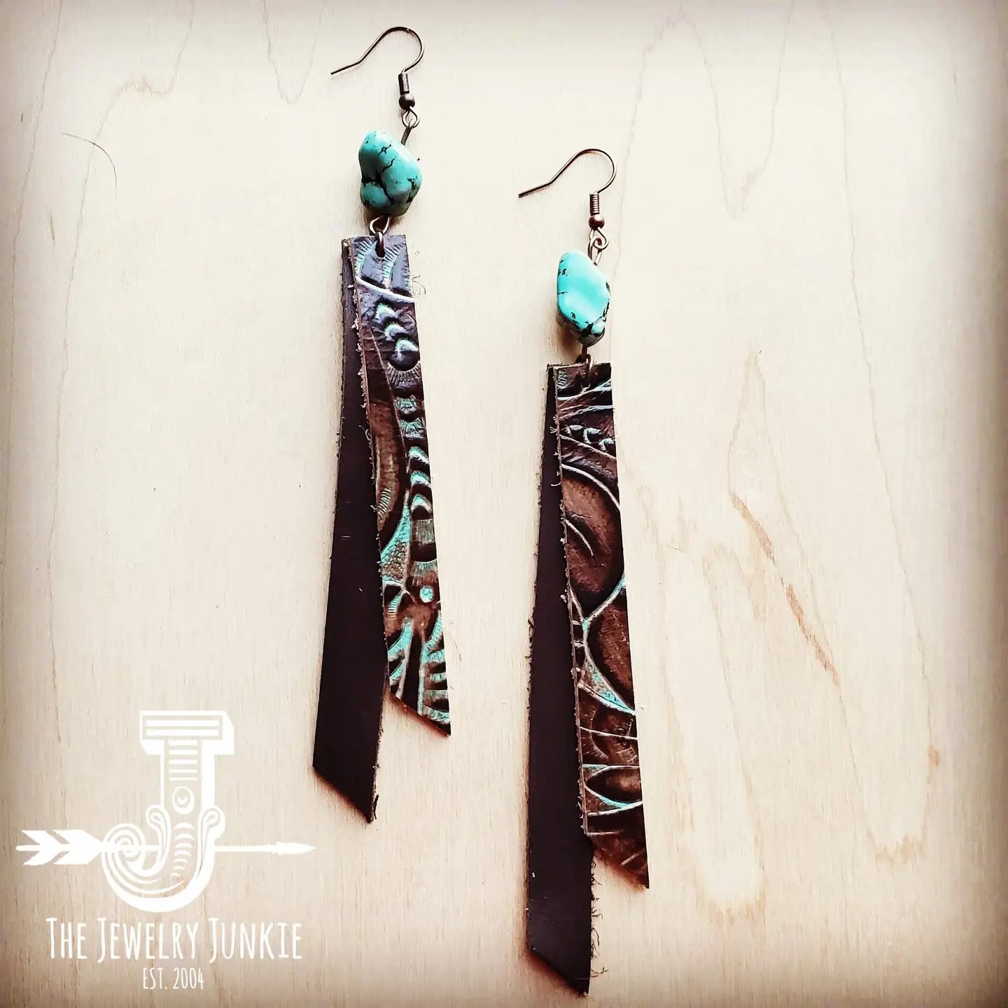 Leather Rectangle Earrings in Turquoise Brown Floral