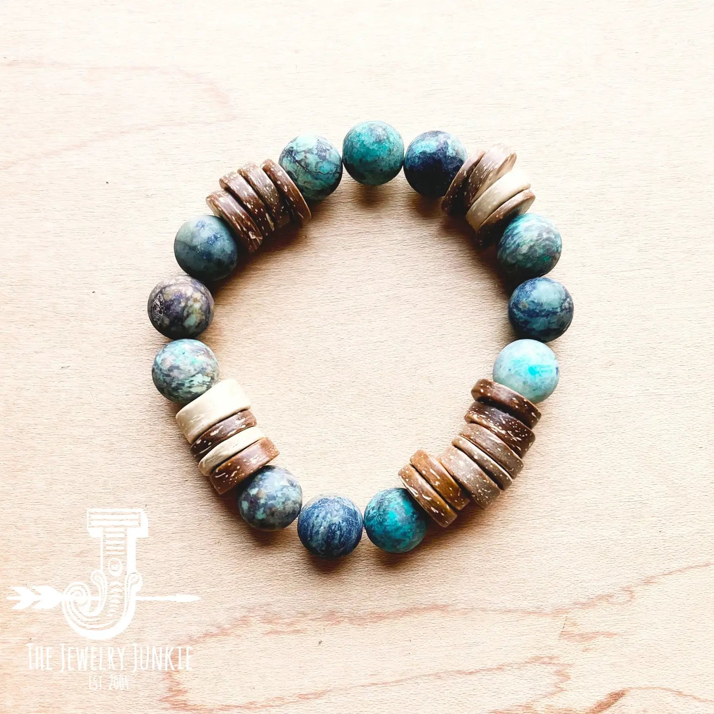 Frosted African Turquoise and Wood Stretch Bracelet