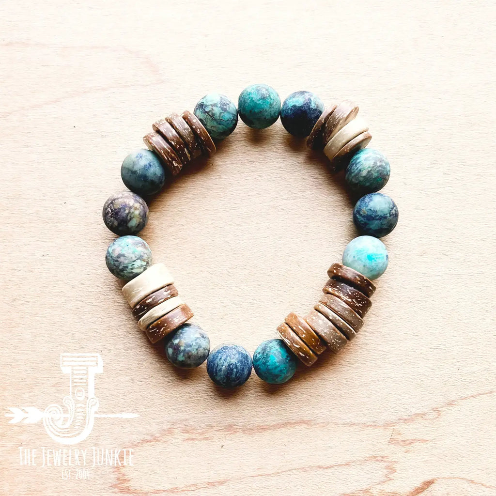 Frosted African Turquoise and Wood Stretch Bracelet