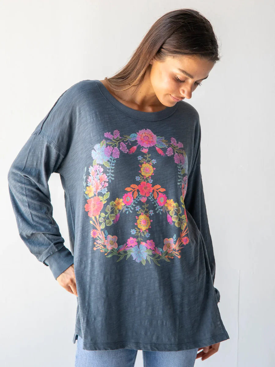 Arden Long Sleeve Cotton Tee Shirt - Indigo Peace Sign