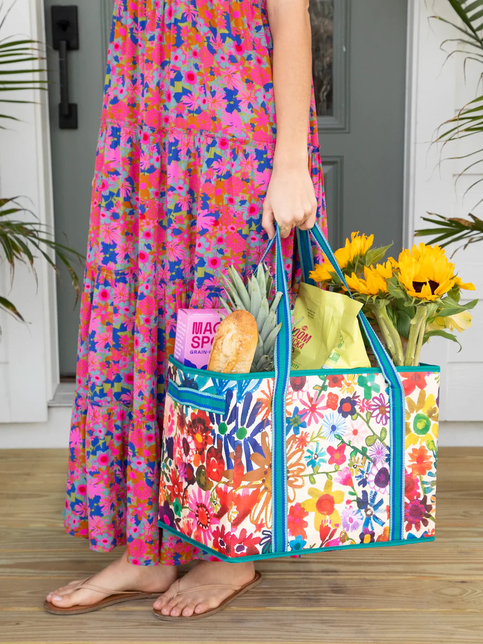 Heavy Duty Reusable Grocery & More Box Bags - Bright Floral Garden