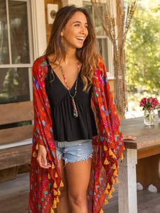 Soleil Tassel Kimono - Rust Floral Border