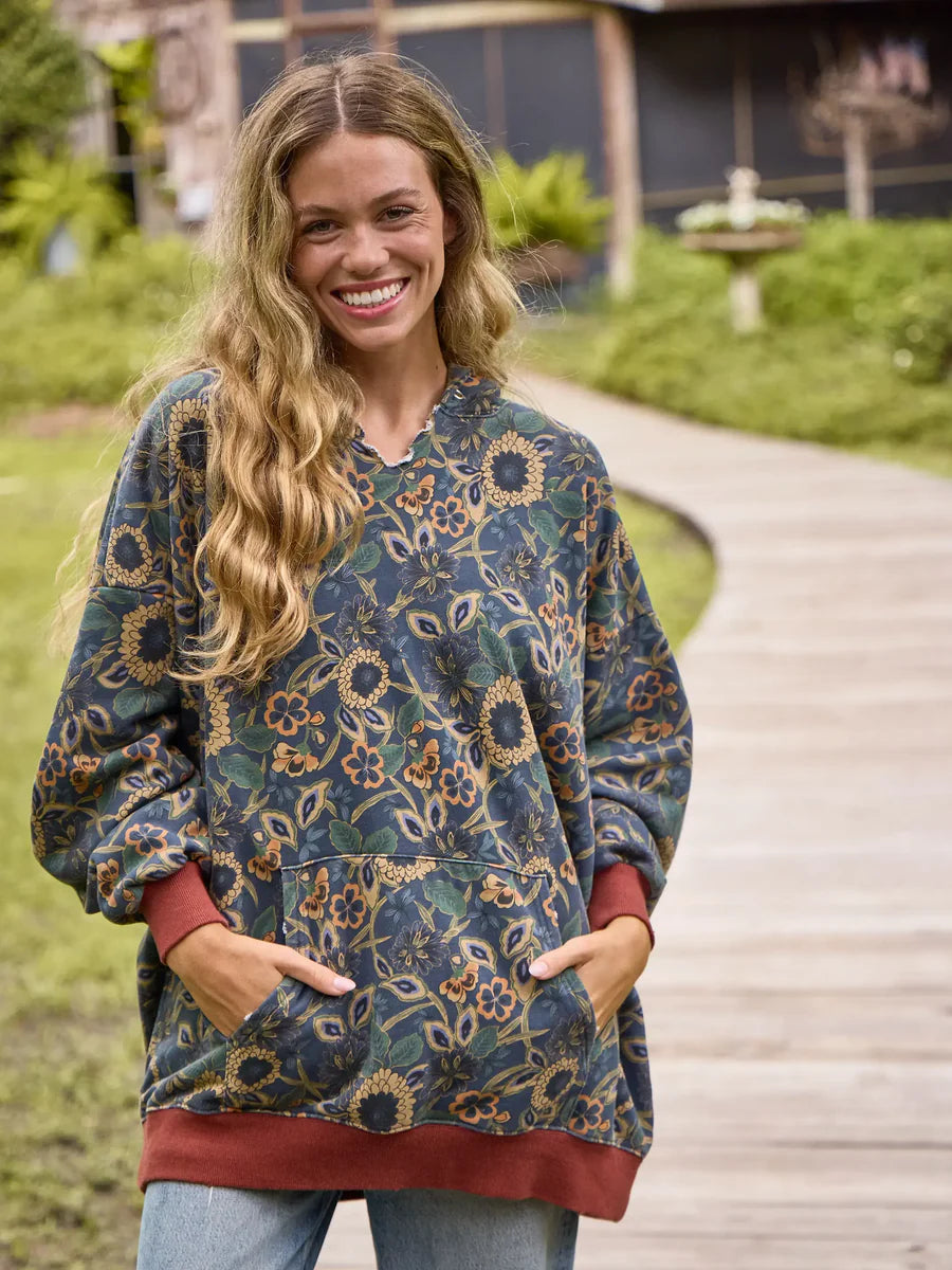 Oversized Printed Sweatshirt- Navy Tan Dahlias