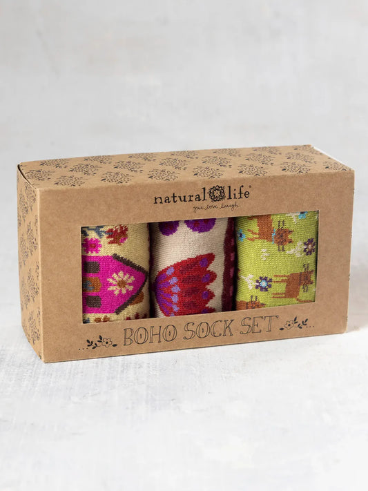 Boxed Boho Sock Set, Set of 3 - Blue Cat