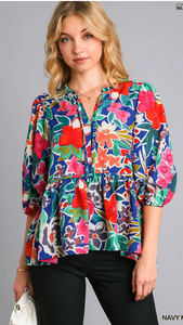 Abstract Floral Puff Sleeve top