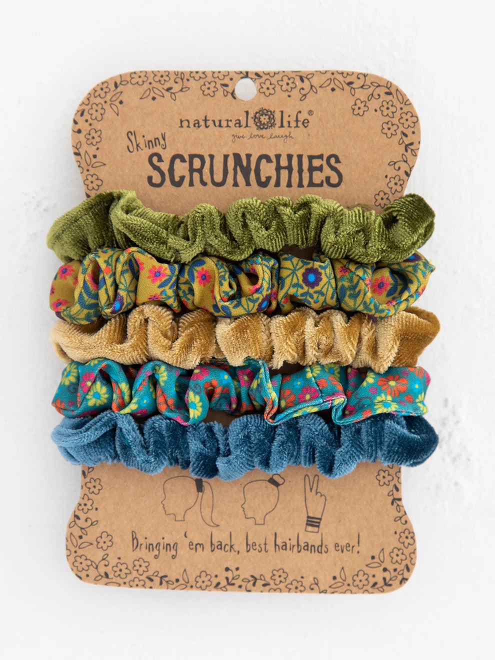 Print and Velvet Scrunchies, Set of 5 - Sage
