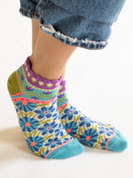 Cozy Ankle Socks, Set of 3 - Turquoise Floral