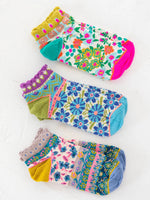 Cozy Ankle Socks, Set of 3 - Turquoise Floral