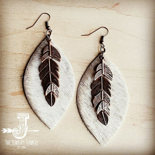 Leather Oval Earrings Tan Hair-on-Hide w/ Copper Feathers