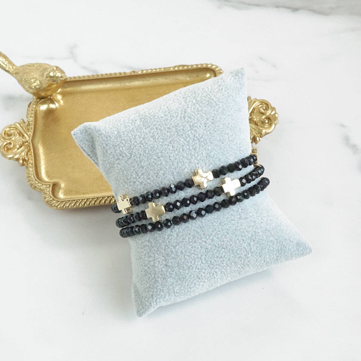 Mini Sideways Cross Bracelet stack Glass and gold metal beads