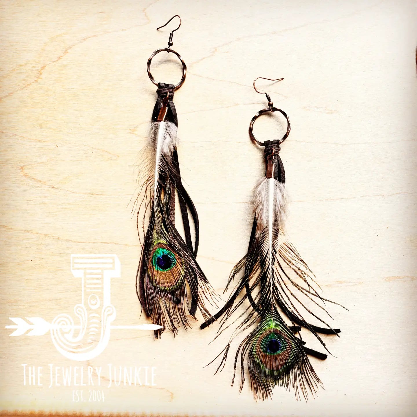 Black Deer Skin Leather Tassel Earring Peacock Feather