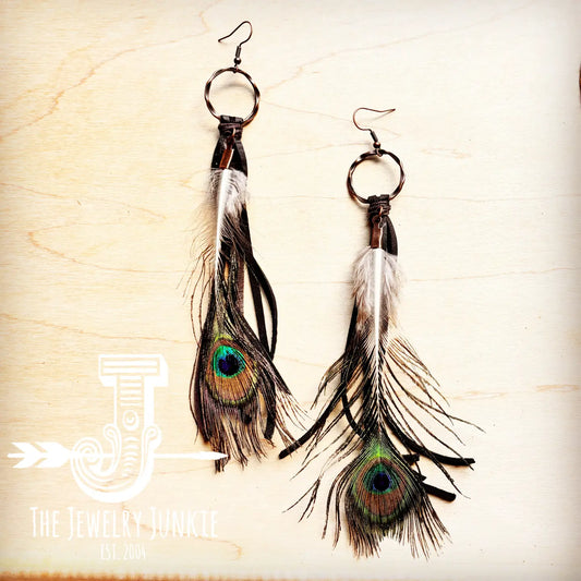Black Deer Skin Leather Tassel Earring Peacock Feather