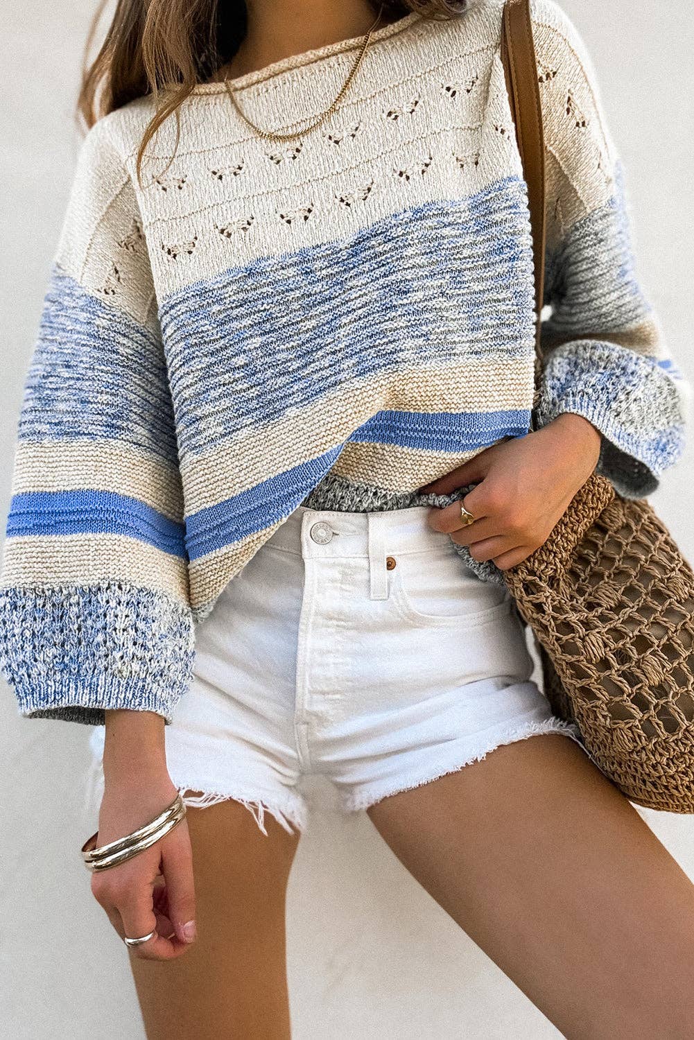 Stripe 3/4 Puff Sleeve Sweater