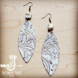 Leather Oval Earrings in Oyster Paisley with White Turquoise Accent